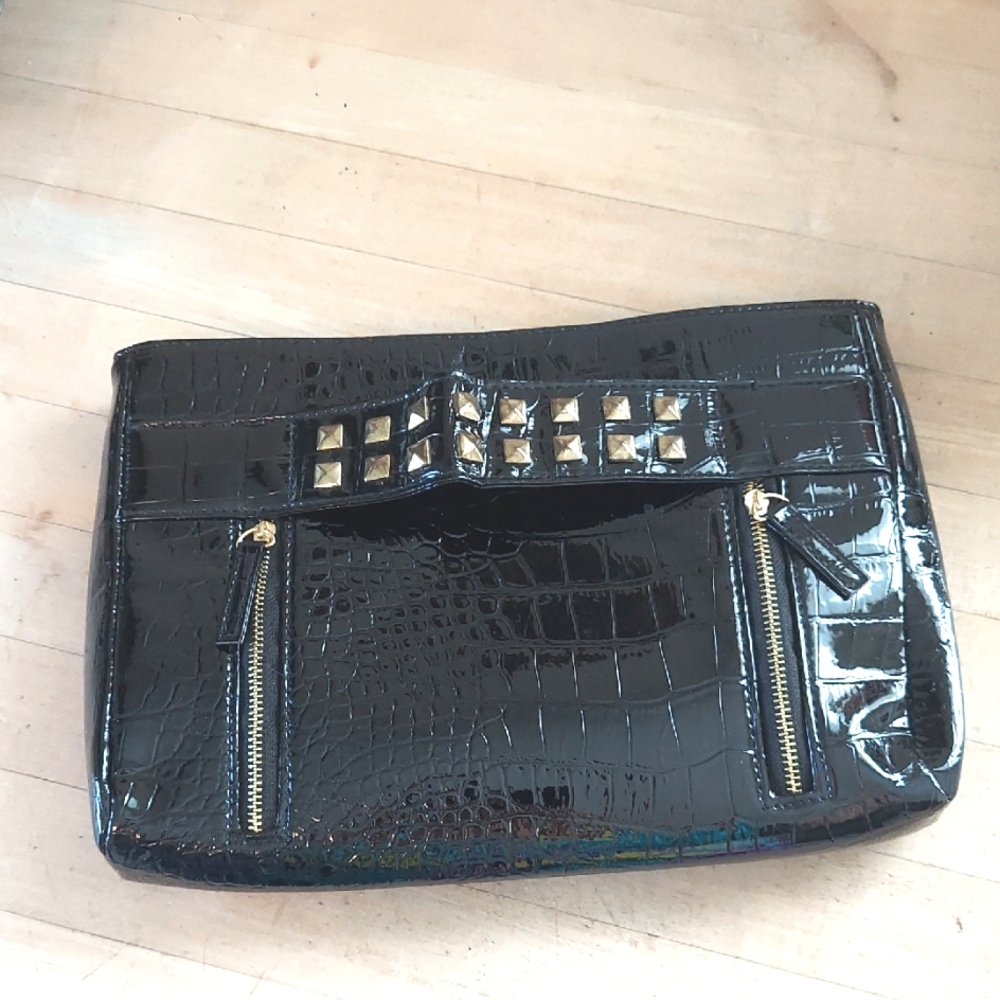 Rihanna Reb'l Bag, Black Patent‎ Faux Leather Alligator Pattern, Goldtone Studs